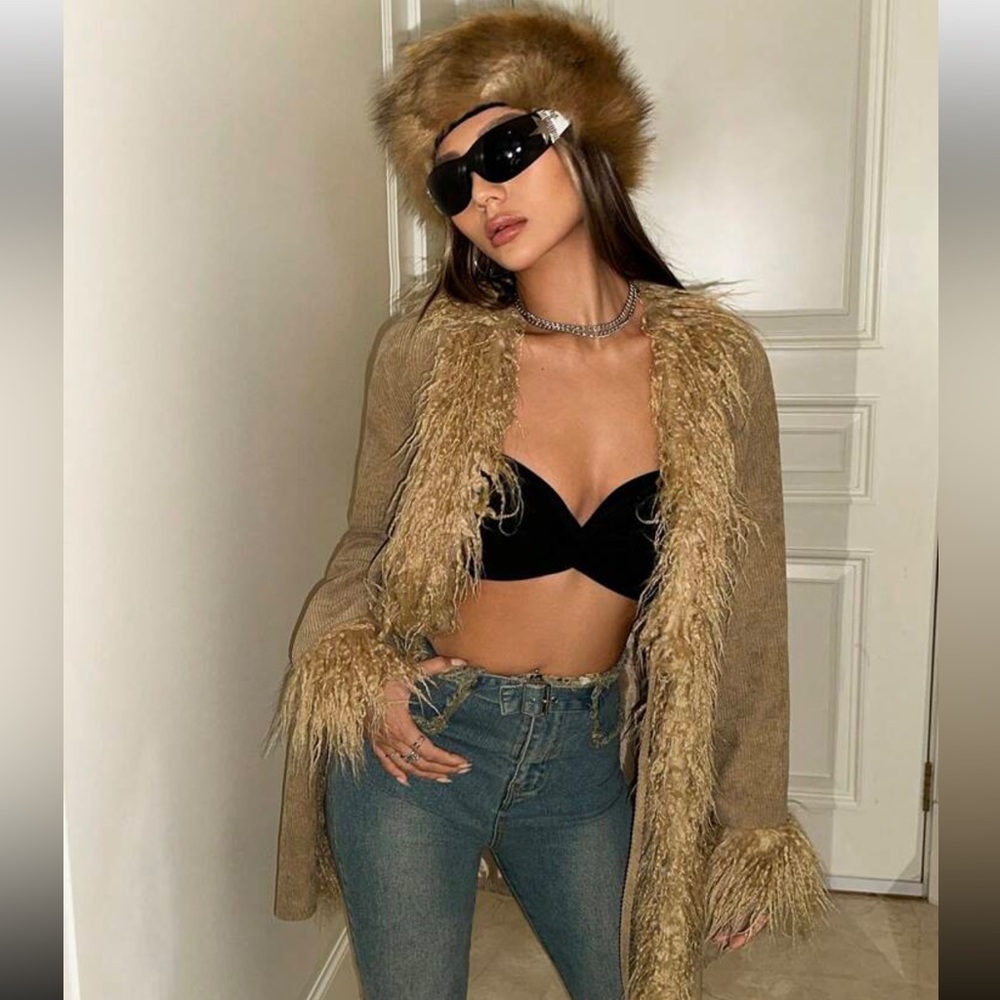 SHEIN ICON Hippie Fuzzy Trim Open Front Coat